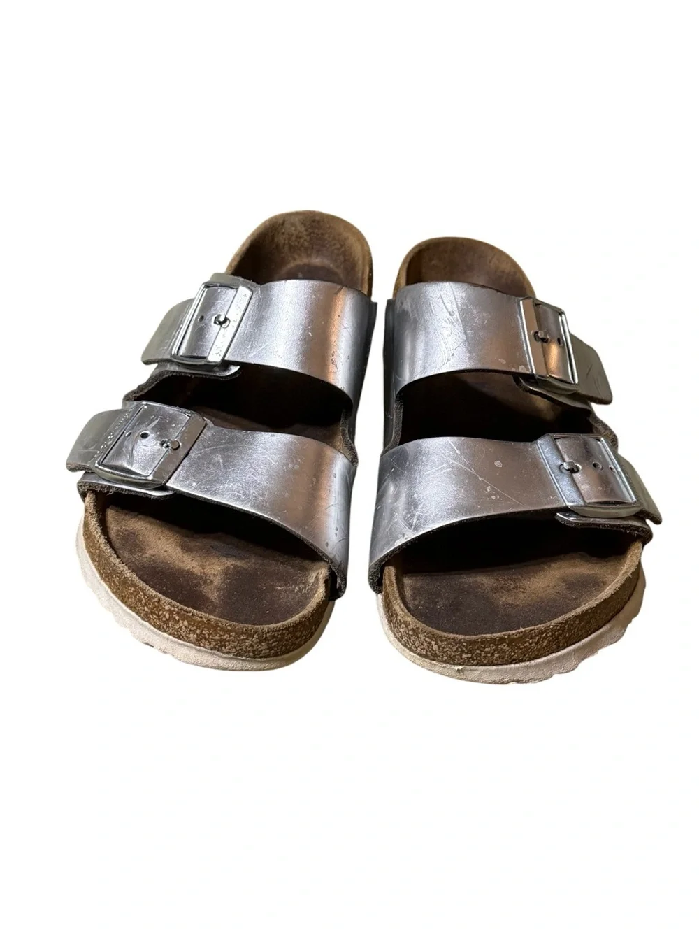 Birkenstock Arizona Silver Metallic Leather Double Strap Sandals Women 37